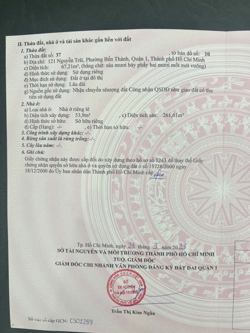 CHO THUÊ NHÀ MẶT TIỀN SỐ 121 ĐƯỜNG NGUYỄN TRÃI, PHƯỜNG BẾN NGHÉ, QUẬN 1, HỒ CHÍ MINH